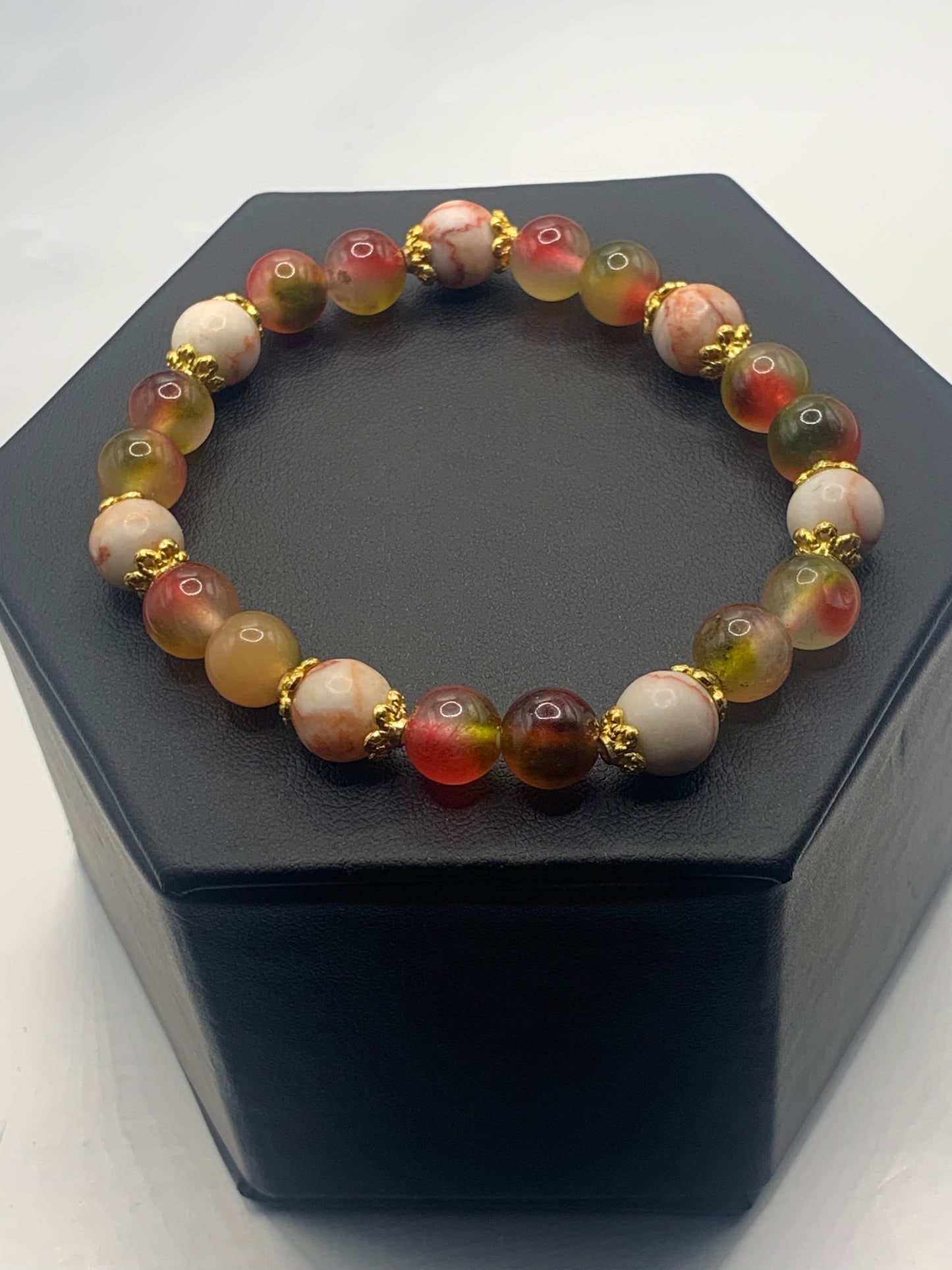 Red vein jasper and watermelon chalcedony semi precious stone/crystal elastic beaded bracelet with gold plated flower bead caps