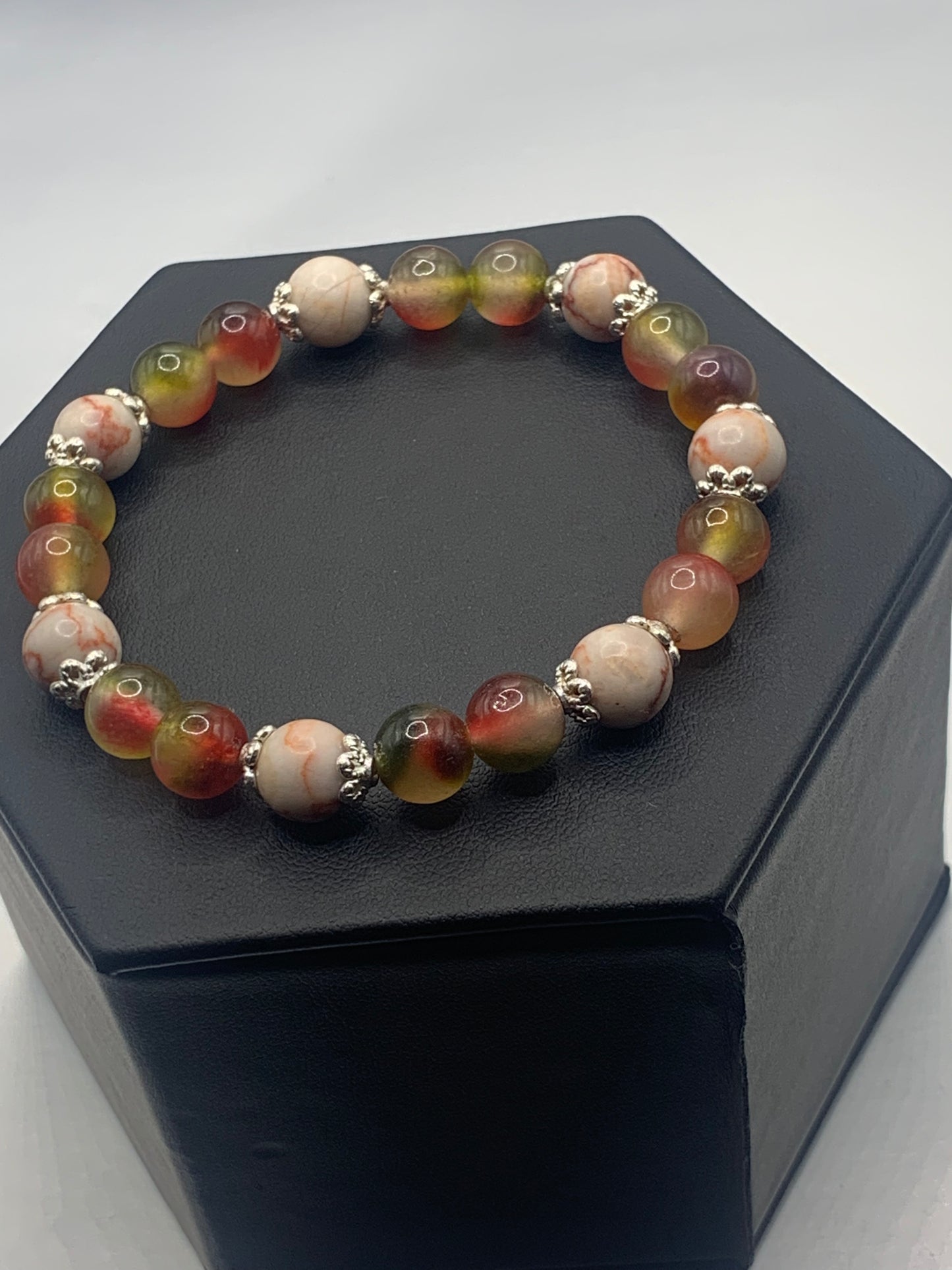 Red vein jasper and  watermelon chalcedony semi precious stone/crystal elastic beaded bracelet with silver plated flower bead caps
