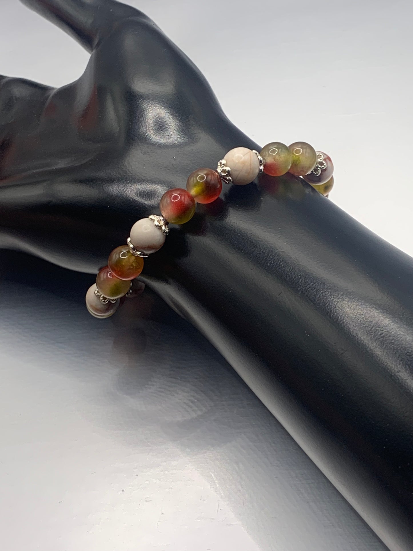 Red vein jasper and  watermelon chalcedony semi precious stone/crystal elastic beaded bracelet with silver plated flower bead caps