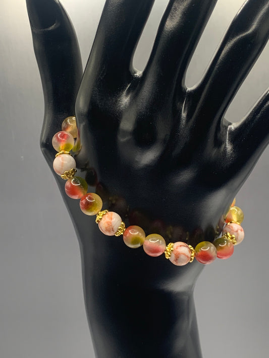 Red vein jasper and watermelon chalcedony semi precious stone/crystal elastic beaded bracelet with gold plated flower bead caps