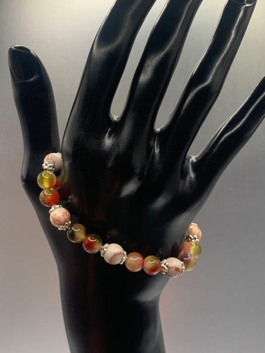 Red vein jasper and  watermelon chalcedony semi precious stone/crystal elastic beaded bracelet with silver plated flower bead caps