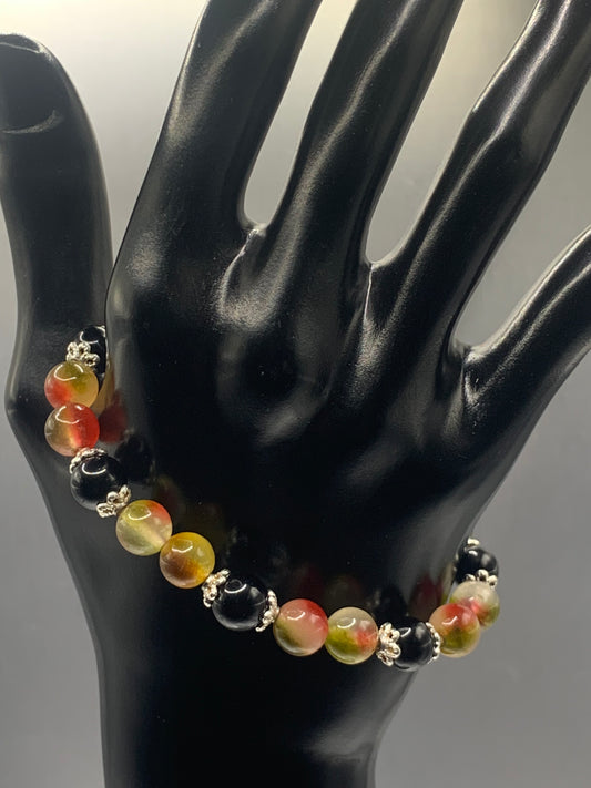 Black obsidian with watermelon chalcedony semi precious stone/crystal beaded elastic bracelet with silver plated flower bead caps