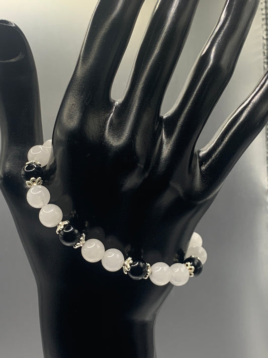 Black obsidian with white chalcedony semi precious stone/crystal beaded elastic bracelet with silver plated flower bead caps