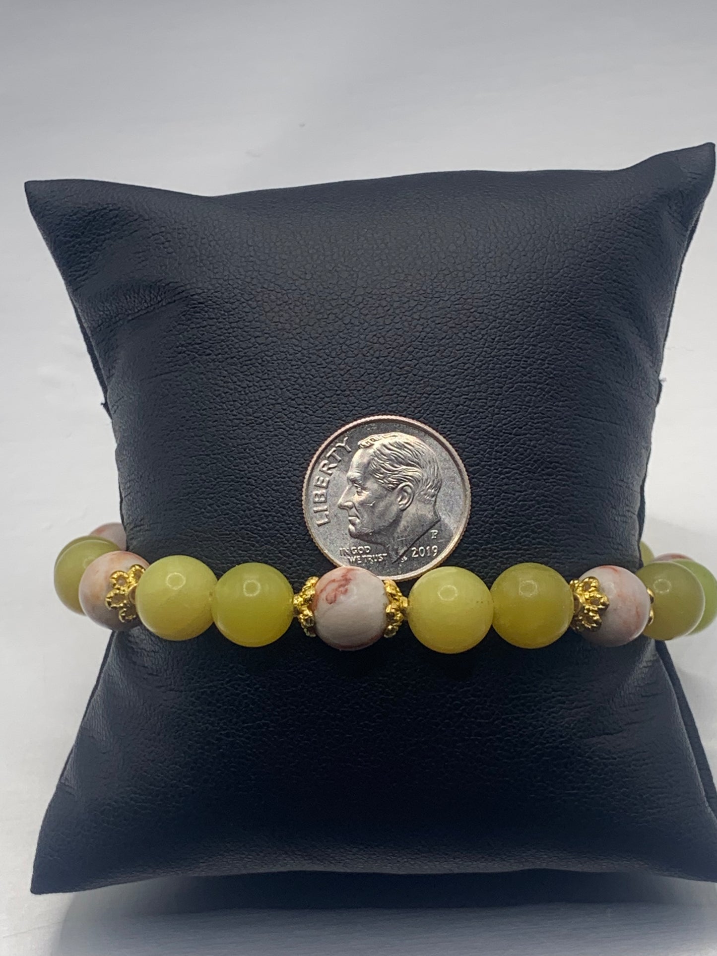 Red vein jasper and yellow jade semi precious stone/crystal elastic beaded bracelet with gold plated flower bead caps
