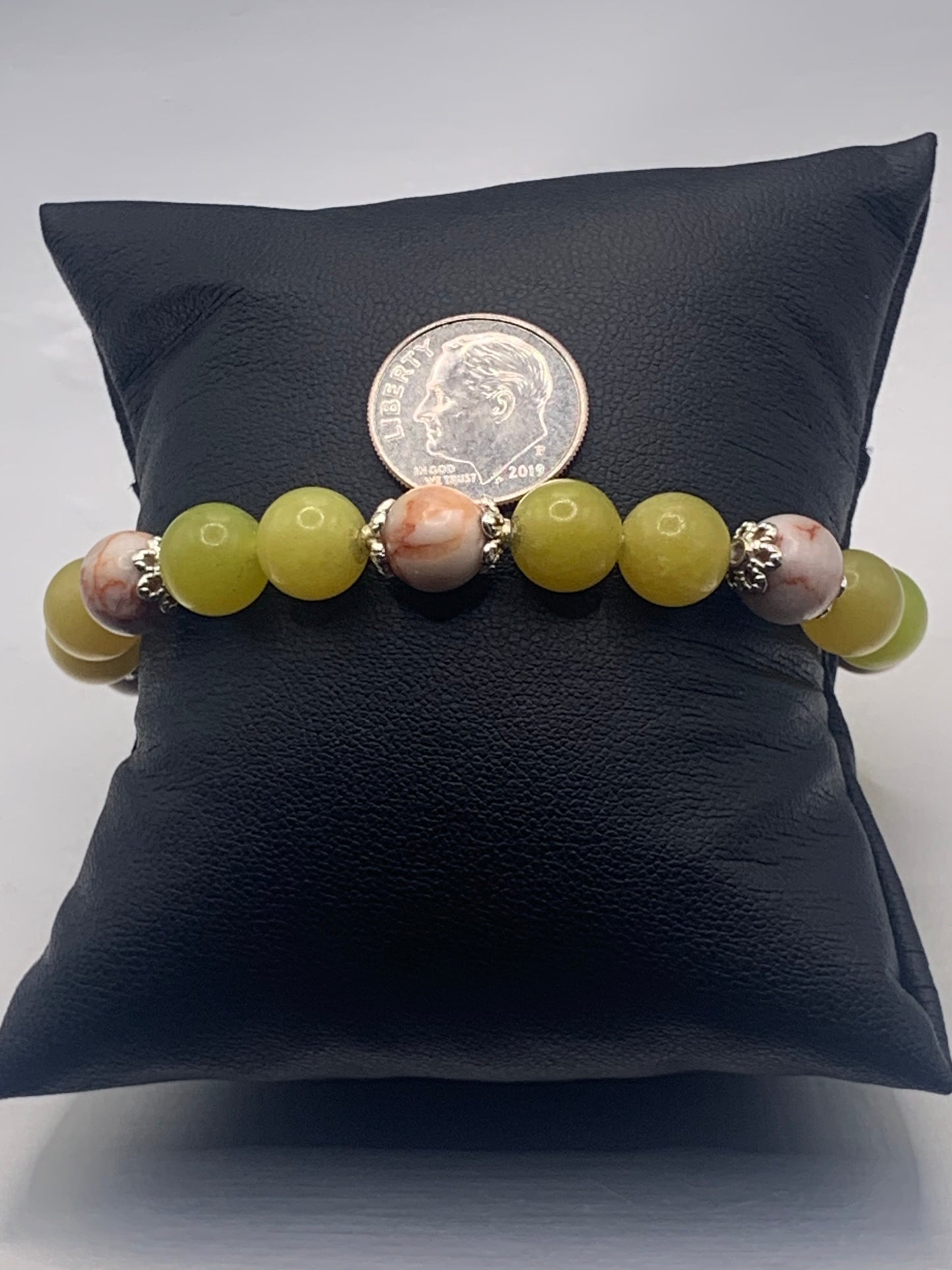 Red vein jasper and yellow jade semi precious stone/crystal elastic beaded bracelet with silver plated flower bead caps
