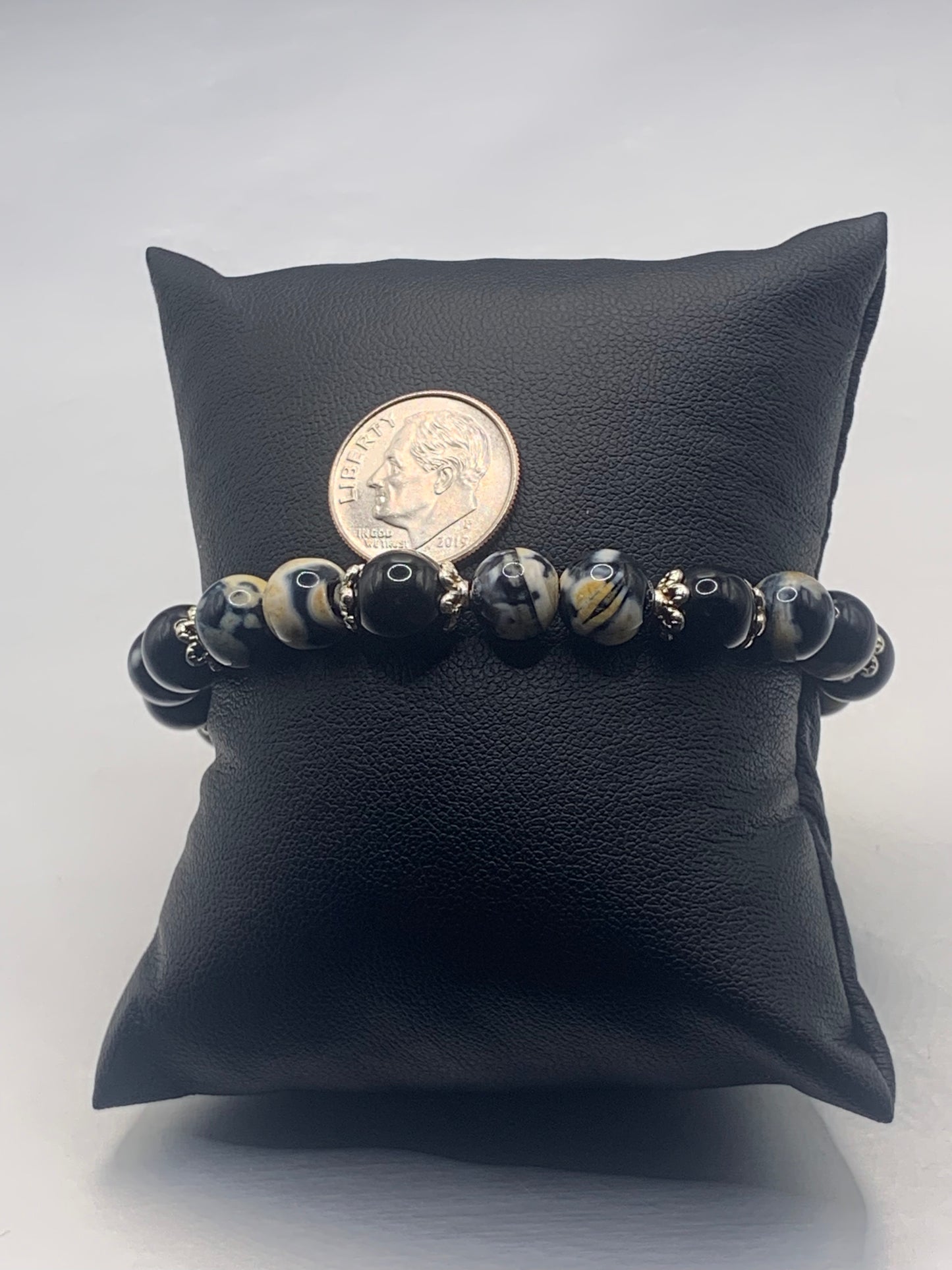 Black obsidian with yellow orca agate semi precious stone/crystal beaded elastic bracelet with silver plated flower bead caps