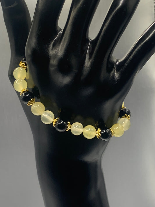 Black obsidian with yellow agate semi precious stone/crystal beaded elastic bracelet with gold plated flower bead caps