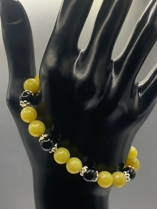 Black obsidian with yellow jade semi precious stone/crystal beaded elastic bracelet with silver plated flower bead caps