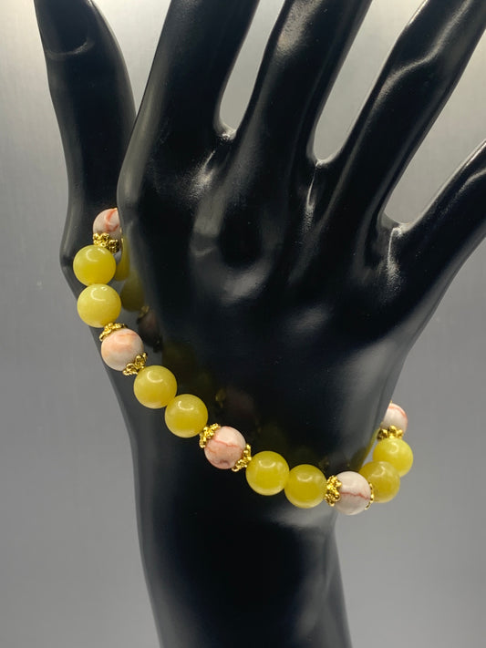 Red vein jasper and yellow jade semi precious stone/crystal elastic beaded bracelet with gold plated flower bead caps