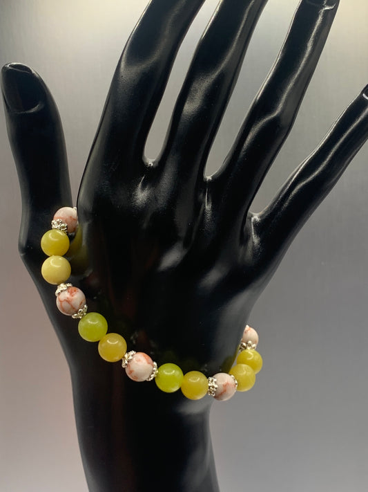 Red vein jasper and yellow jade semi precious stone/crystal elastic beaded bracelet with silver plated flower bead caps