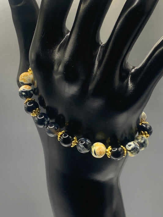 Black obsidian with yellow orca agate semi precious stone/crystal beaded elastic bracelet with gold plated flower bead caps