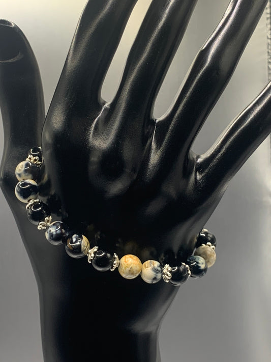 Black obsidian with yellow orca agate semi precious stone/crystal beaded elastic bracelet with silver plated flower bead caps
