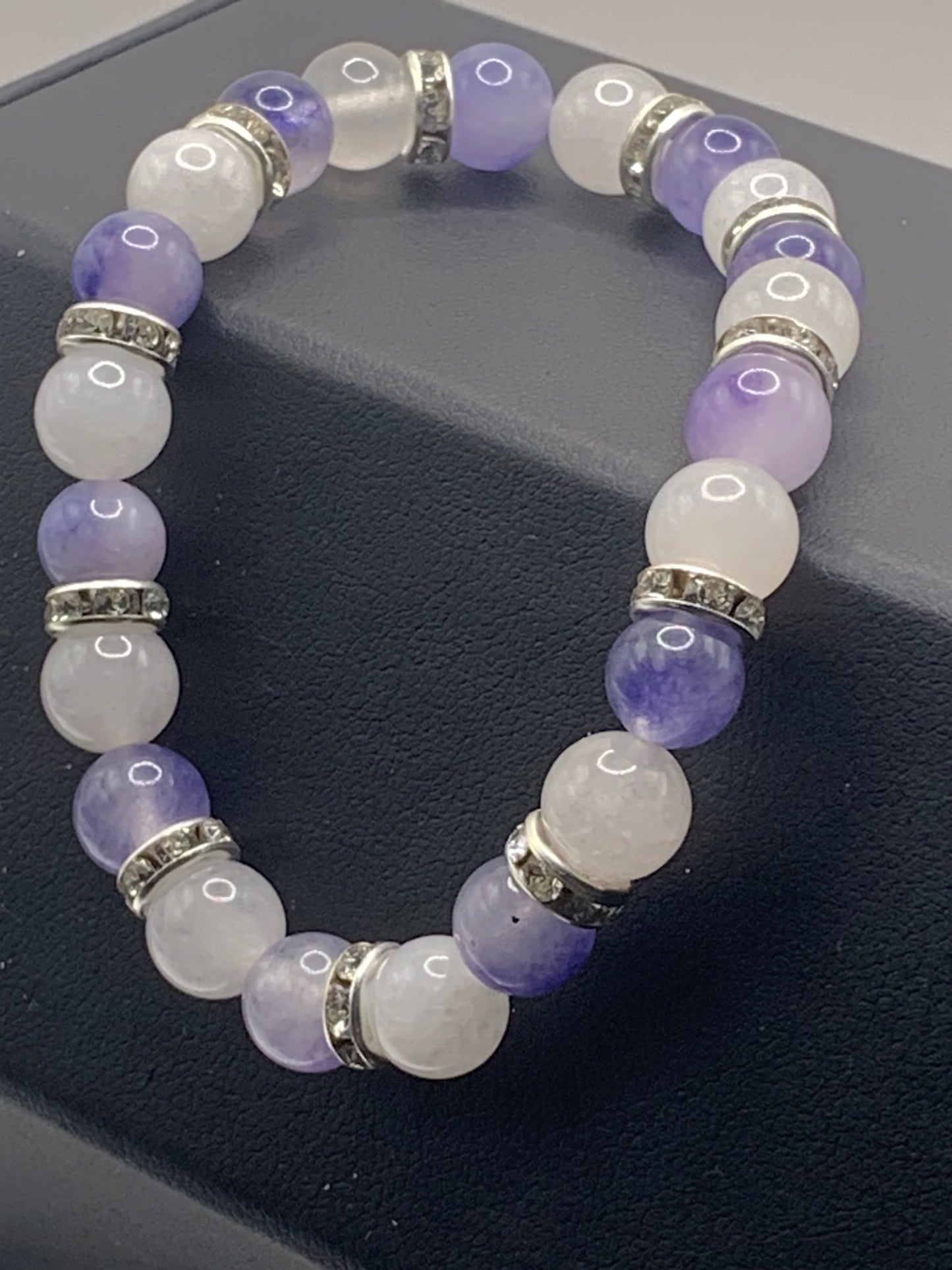 Blue ice chalcedony and white chalcedony semi precious stone/crystal elastic beaded bracelet with clear rondelle's