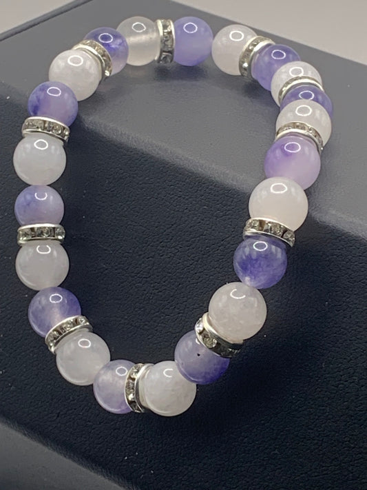 Blue ice chalcedony and white chalcedony semi precious stone/crystal elastic beaded bracelet with clear rondelle's
