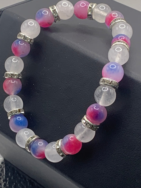 Blue pink chalcedony and white chalcedony semi precious stone/crystal elastic beaded bracelet with clear rondelle's