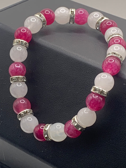 Dark pink chalcedony and white chalcedony semi precious stone/crystal elastic beaded bracelet with clear rondelle's