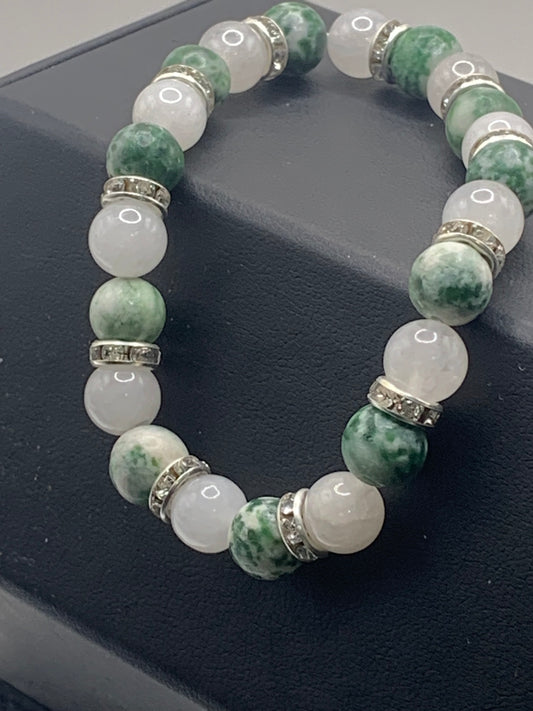 Green dot jasper and white chalcedony semi precious stone/crystal elastic beaded bracelet with clear rondelle's