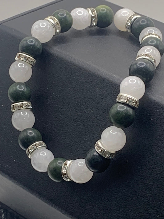 Green jade and white chalcedony semi precious stone/crystal elastic beaded bracelet with clear rondelle's