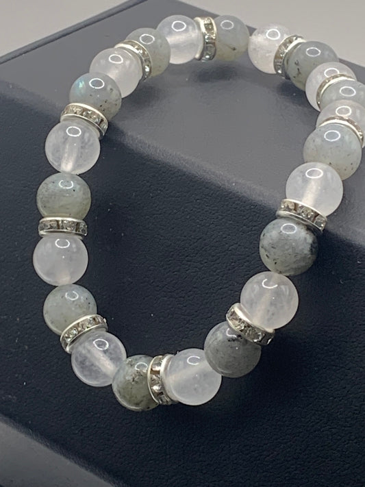 Labradorite and white chalcedony semi precious stone/crystal elastic beaded bracelet with clear rondelle's
