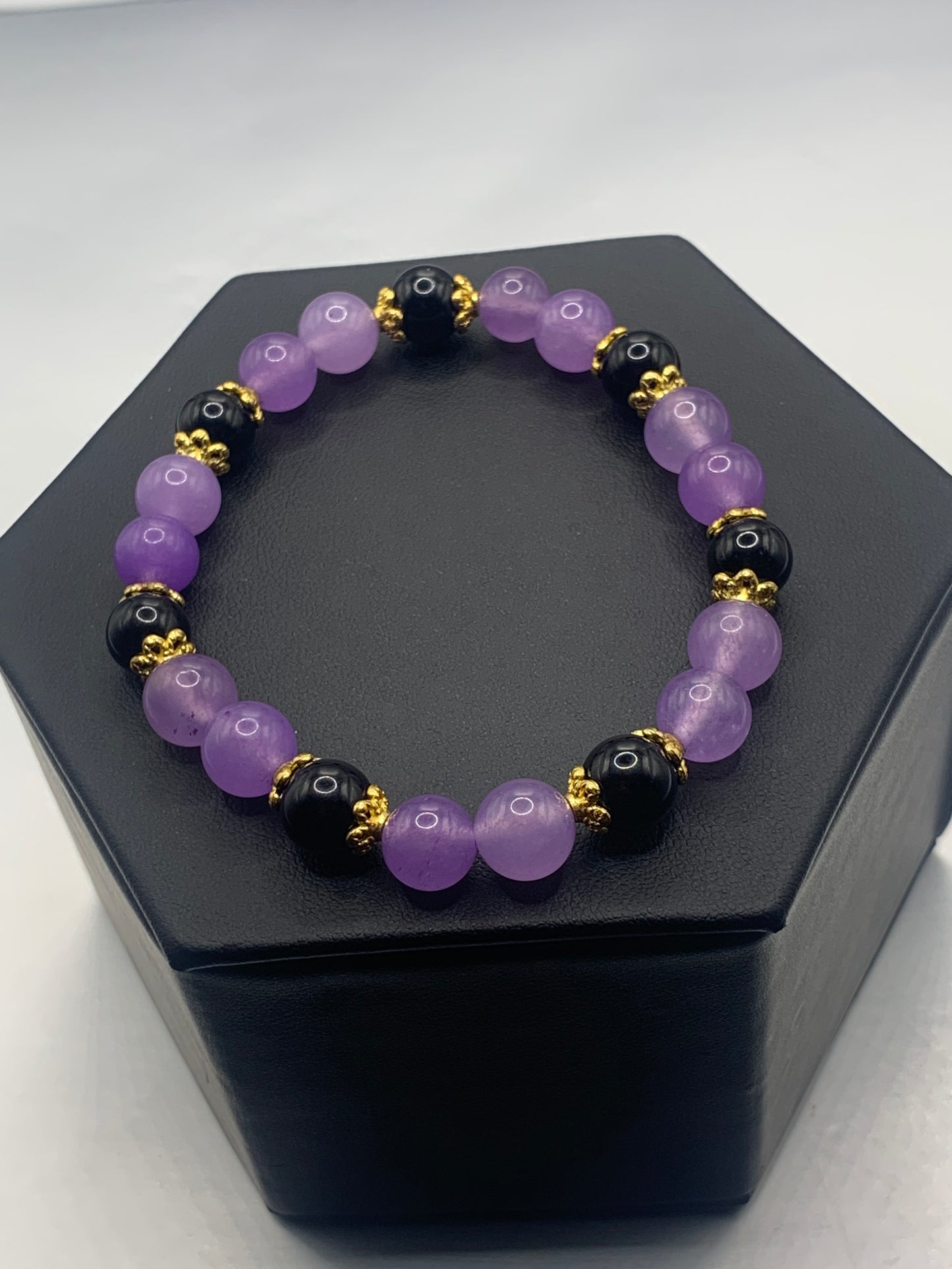 Black obsidian with lavender agate semi precious stone/crystal beaded elastic bracelet with gold plated flower bead caps