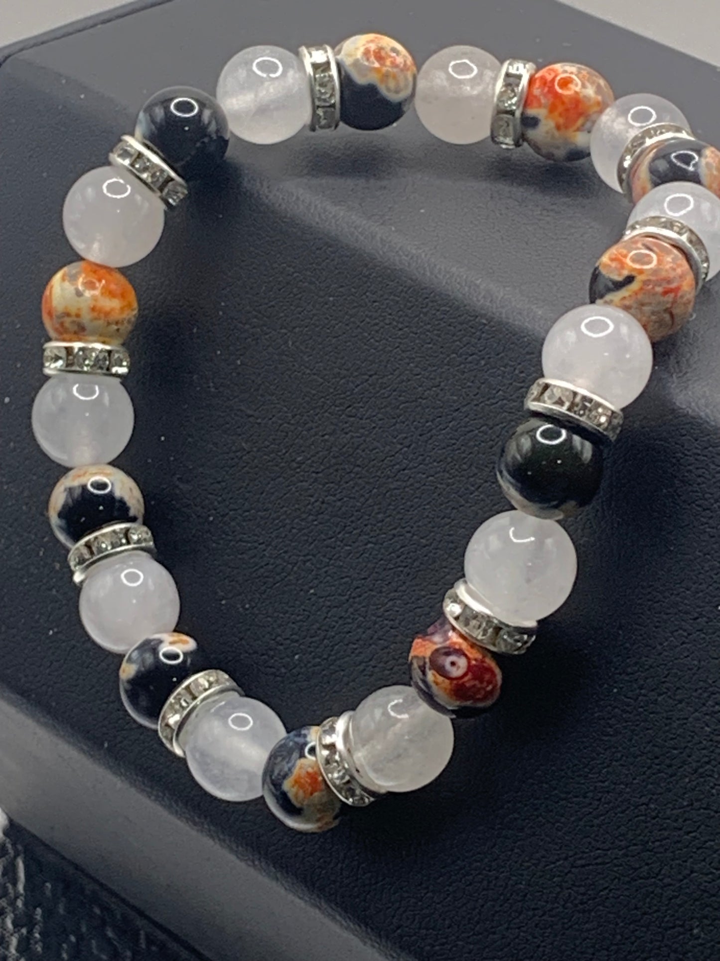 Orange orca agate and white chalcedony semi precious stone/crystal elastic beaded bracelet with clear rondelle's