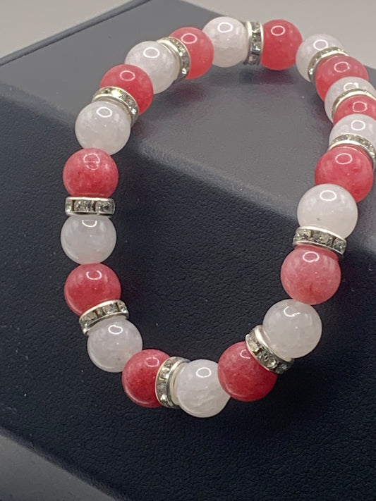 Pink chalcedony and white chalcedony semi precious stone/crystal elastic beaded bracelet with clear rondelle's