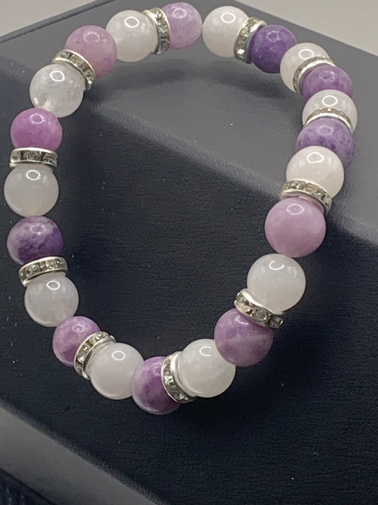 Purple mica and white chalcedony semi precious stone/crystal elastic beaded bracelet with clear rondelle's