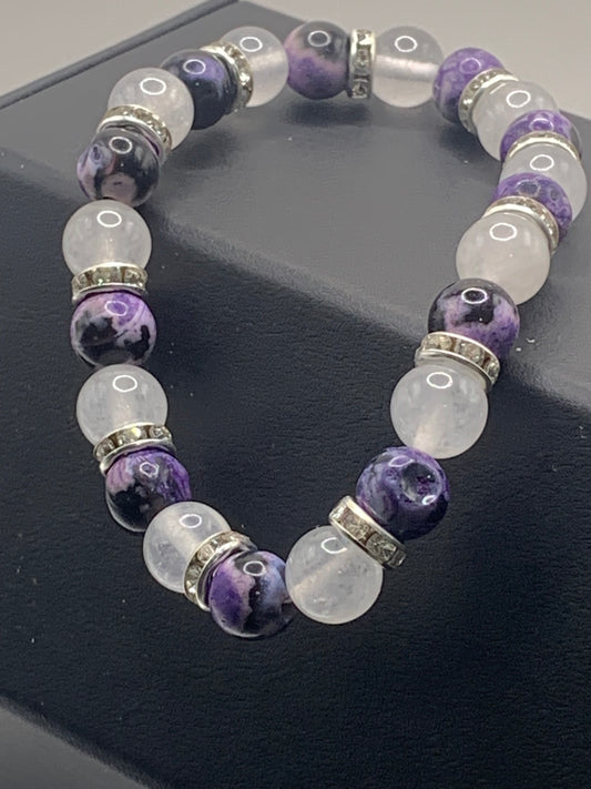 Purple orca agate and white chalcedony semi precious stone/crystal elastic beaded bracelet with clear rondelle's