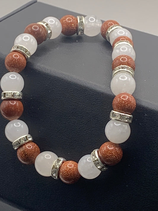 Sandstone and white chalcedony semi precious stone/crystal elastic beaded bracelet with clear rondelle's