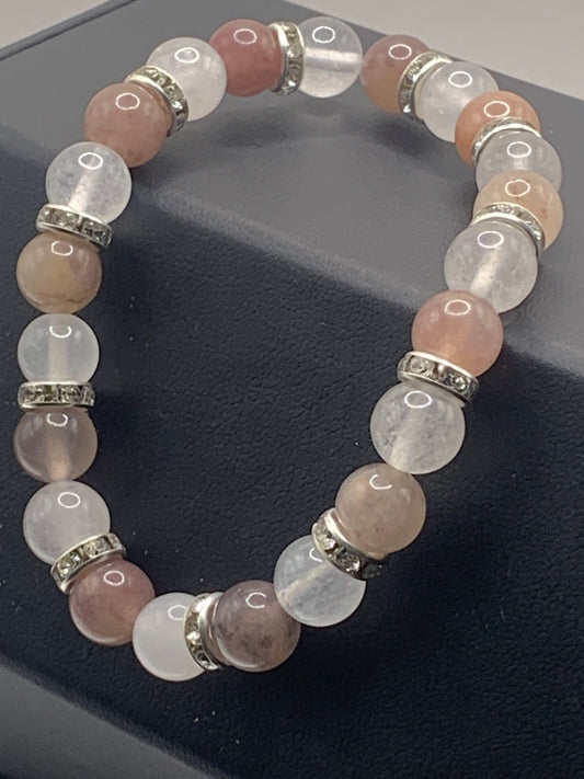 Violet quartz and white chalcedony semi precious stone/crystal elastic beaded bracelet with clear rondelle's