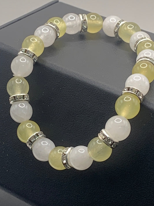 Yellow agate and white chalcedony semi precious stone/crystal elastic beaded bracelet with clear rondelle's