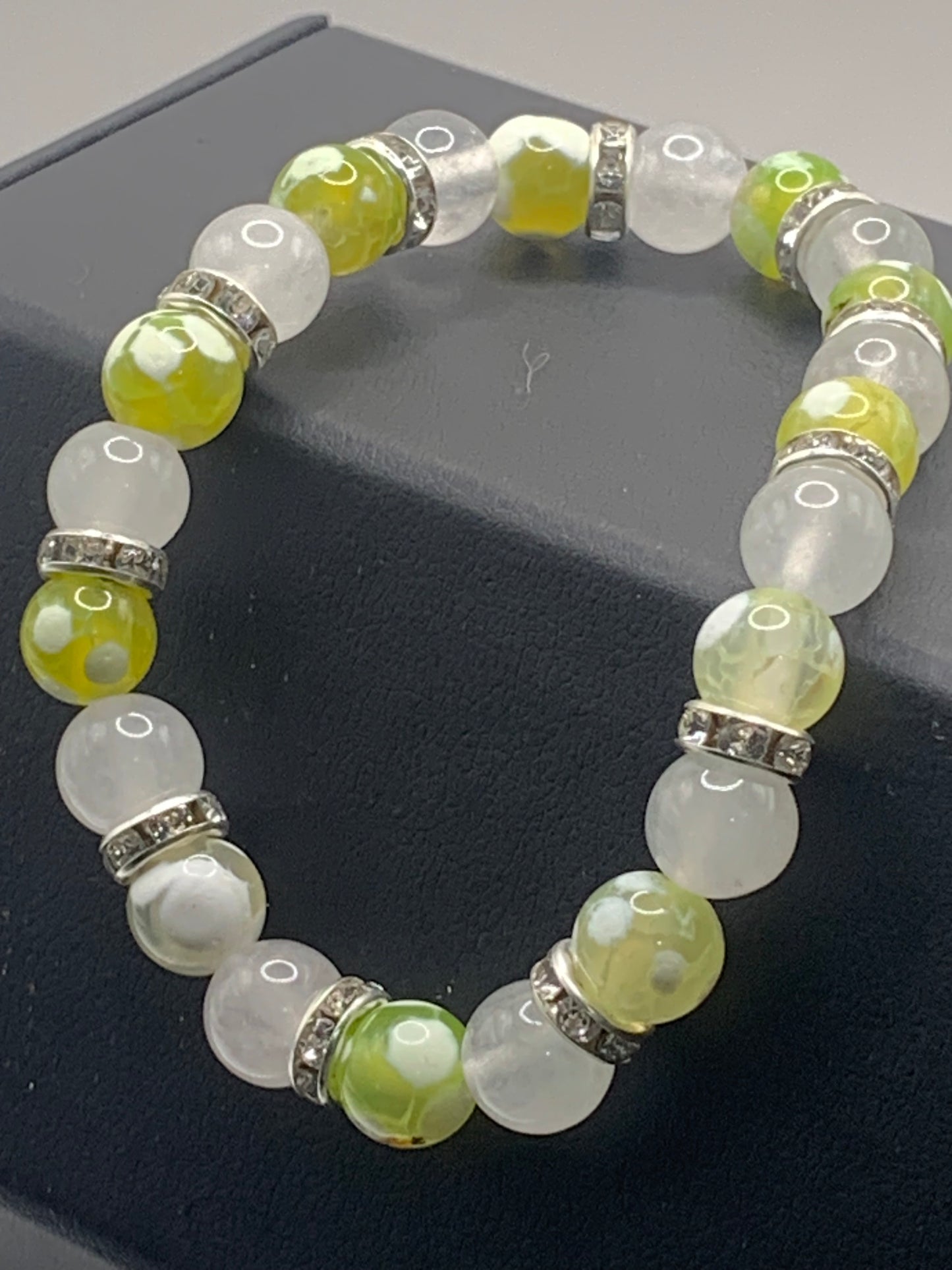 Yellow green white orca agate and white chalcedony semi precious stone/crystal elastic beaded bracelet with clear rondelle's